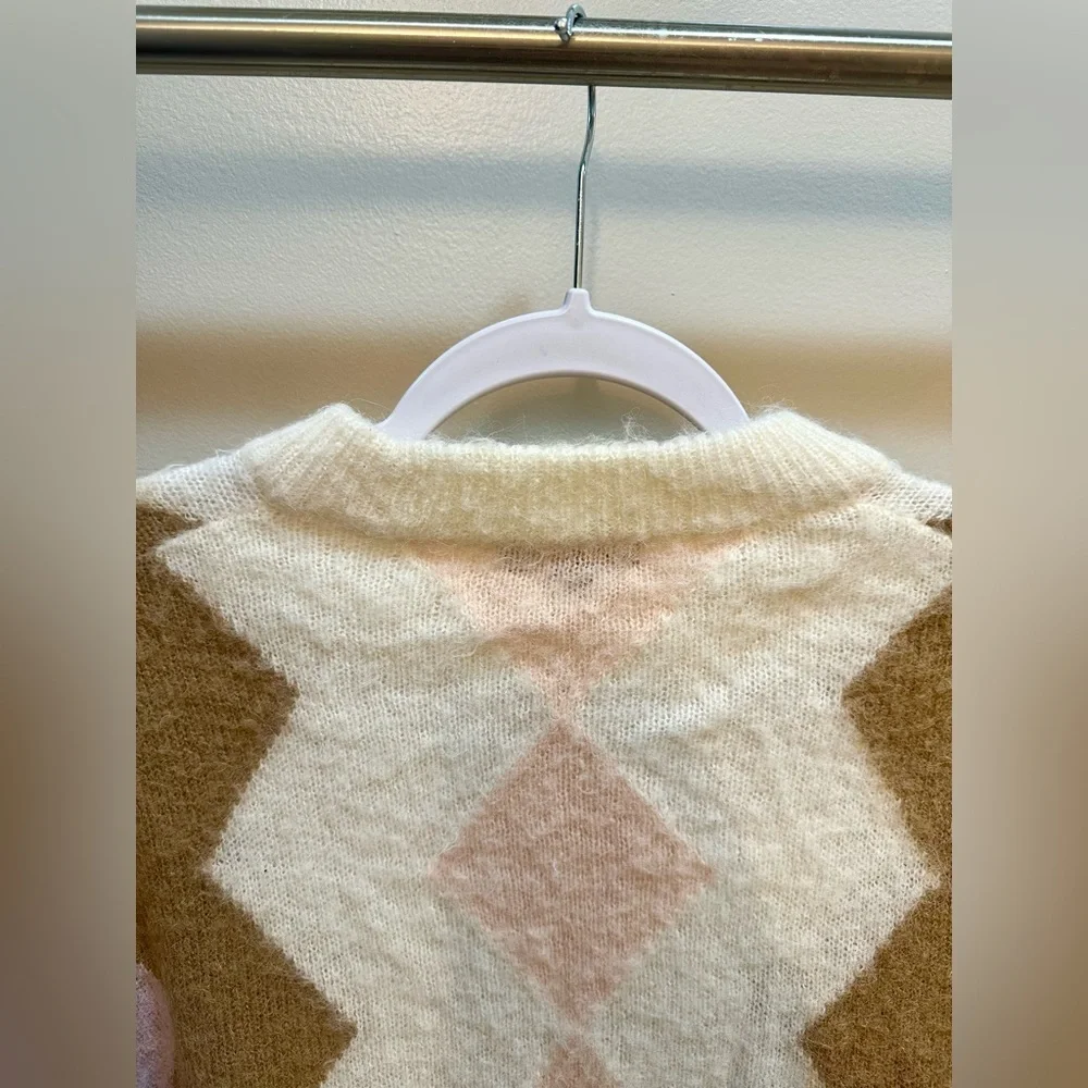 J.Crew Argyle Cropped Crewneck Alpaca and Wool Blend Sweater Size Medium